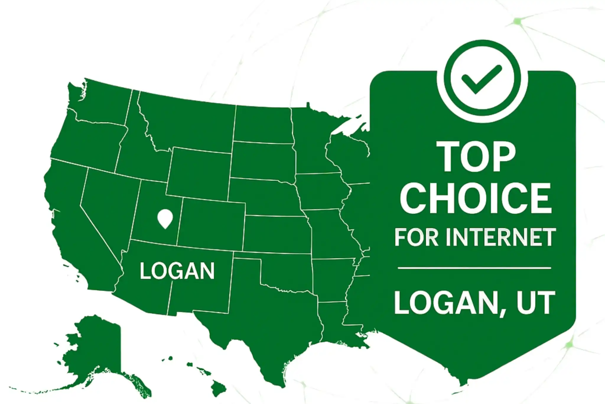 Illustrated map highlighting CenturyLink internet service areas in Logan, Utah, with icons representing speed, support, and coverage
