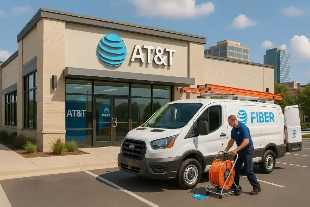A modern AT&T Fiber retail store in Austin, Texas, with clear branding and signage. An AT&T installation van is parked outside while a technician loads fiber installation equipment into the van. The scene features bright daylight and subtle Austin urban elements, highlighting AT&T’s fast and reliable internet service in Austin.