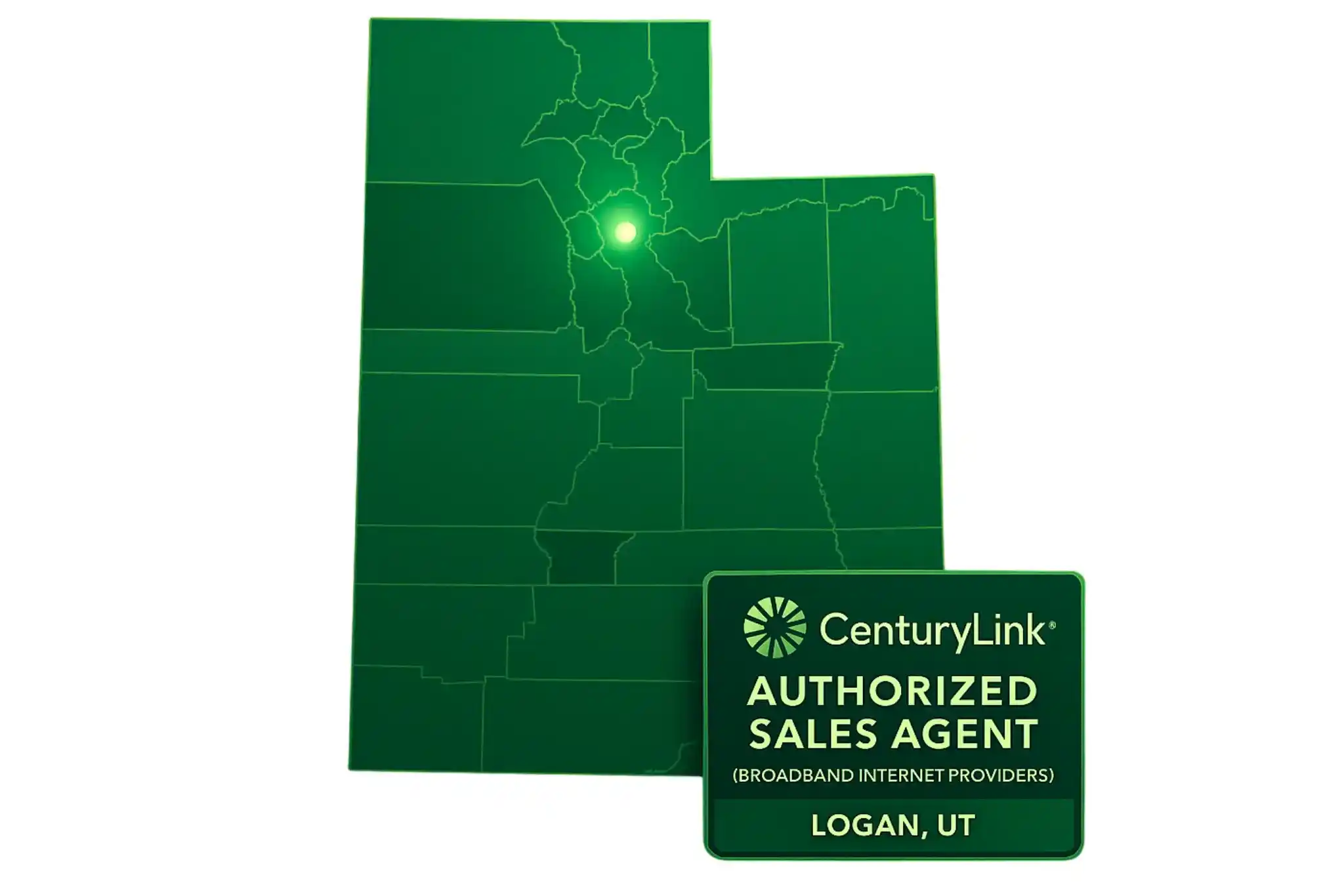 Explore our stylized US map showcasing all state names with Utah highlighted and Logan pinpointed. Featuring CenturyLink Authorized Sales Agent badge, this high-tech visual represents broadband internet services in Logan, UT.