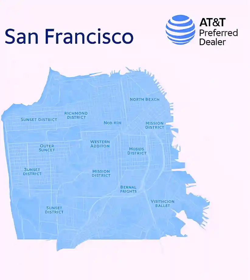 Digital map of San Francisco showing major neighborhoods with AT&T Preferred Dealer logo. High-speed fiber internet coverage highlighted with clean street grids on dark blue background.