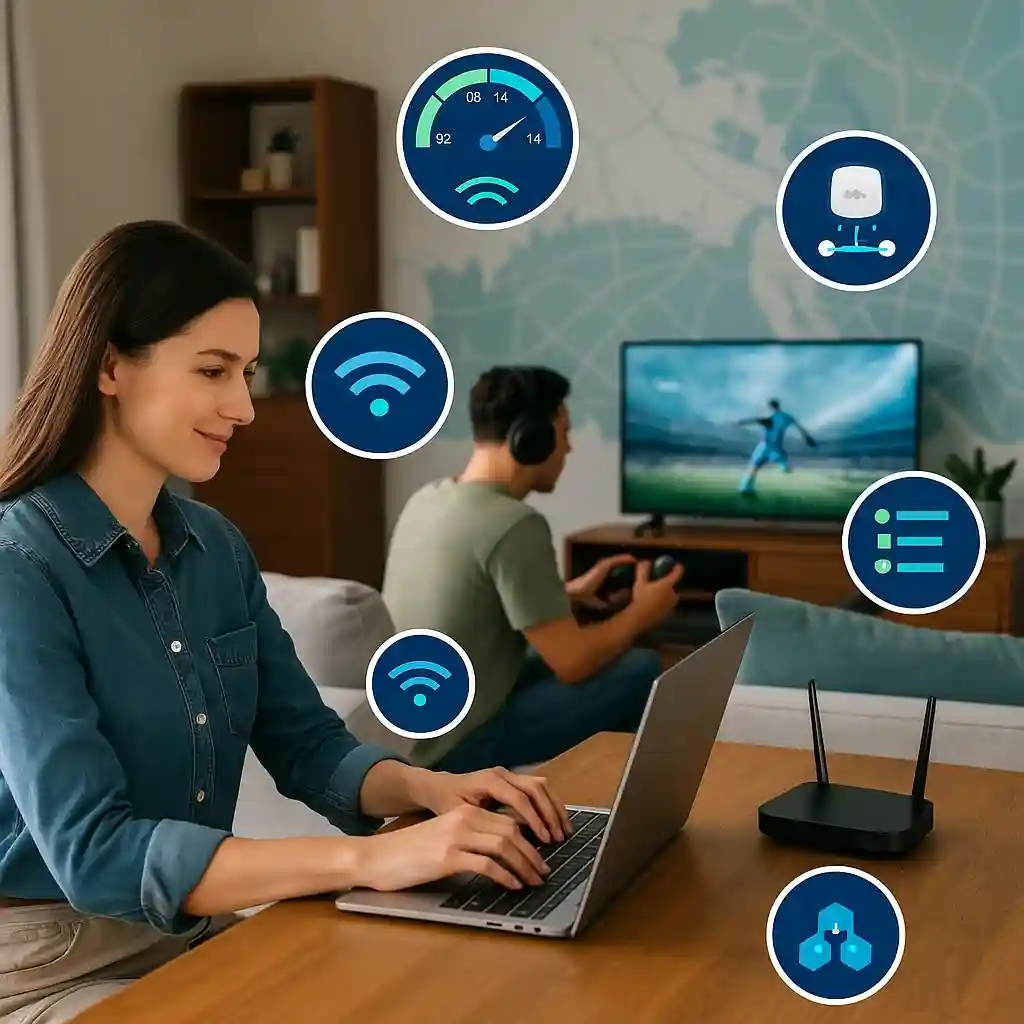A modern Jacksonville living room showing a woman on a laptop in a video call and a man gaming on a TV, with Wi-Fi speed and router icons overlayed, representing fast AT&T Fiber internet connectivity.