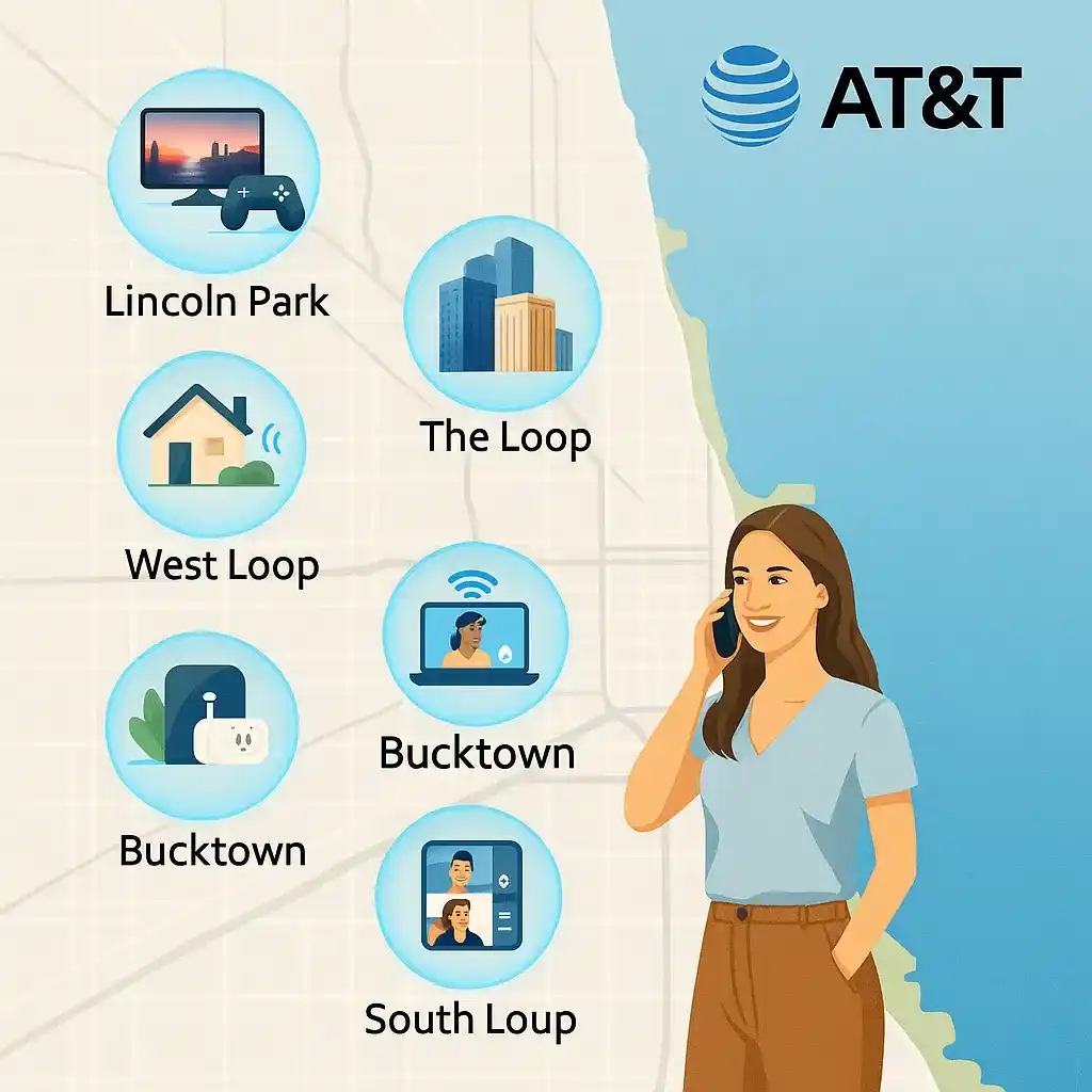some well known places of Chicago where AT&T provide best internet services.