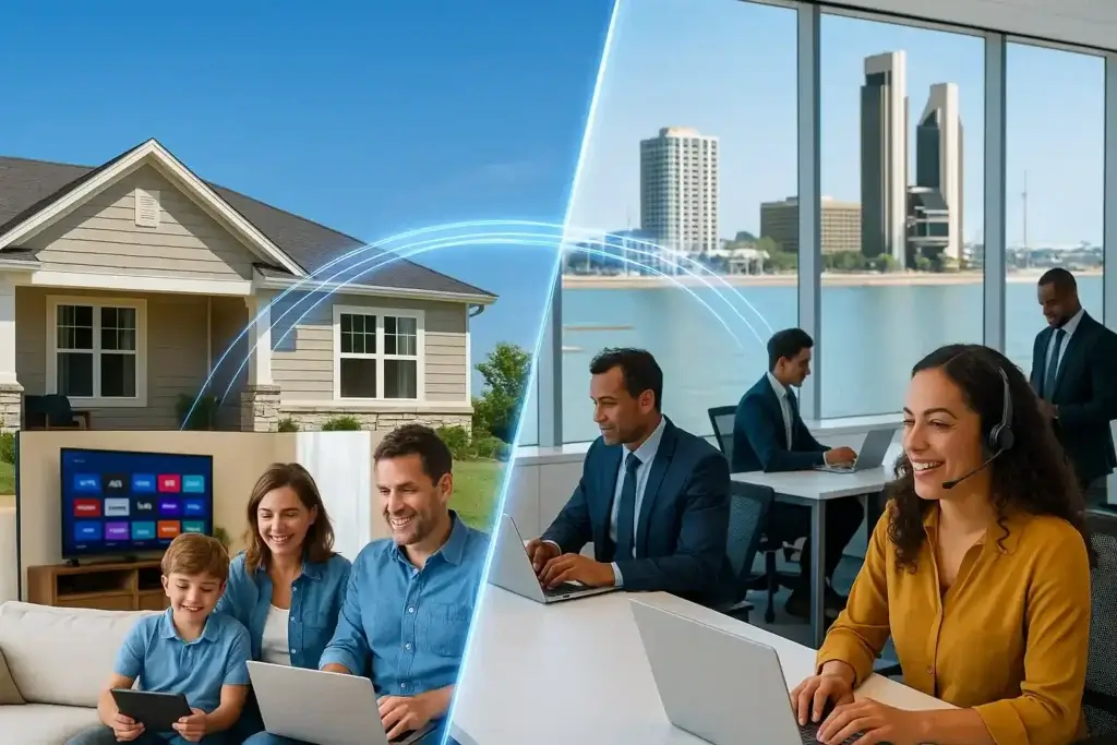 Composite image showing a family using smart devices at home and professionals working in a downtown Corpus Christi office, highlighting AT&T Fiber’s fast internet for homes and businesses