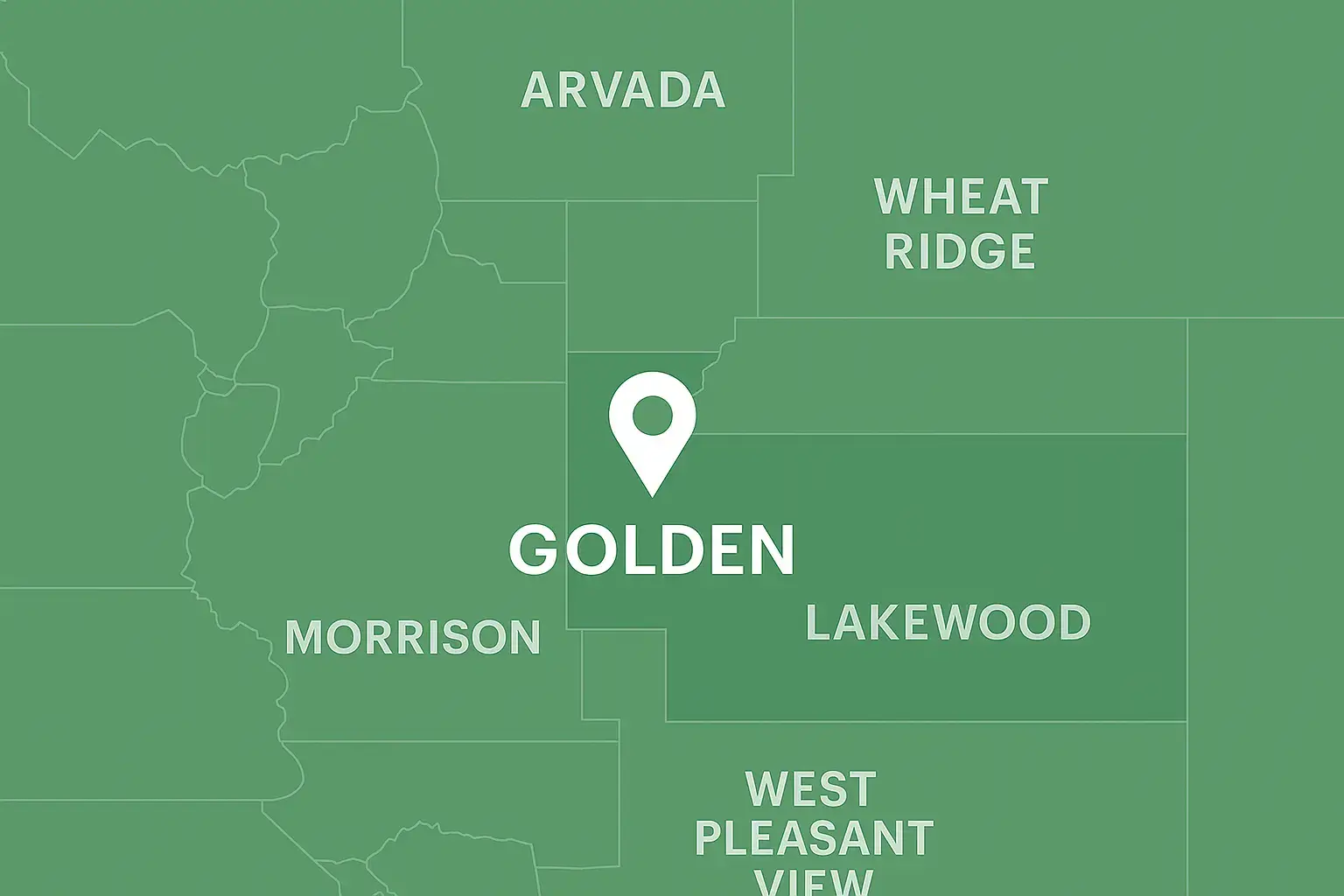 Map highlighting Golden, Colorado at the center with surrounding CenturyLink service areas including Arvada, Wheat Ridge, Lakewood, Morrison, and West Pleasant View, displayed in a clean green design with a white location pin marking Golden.