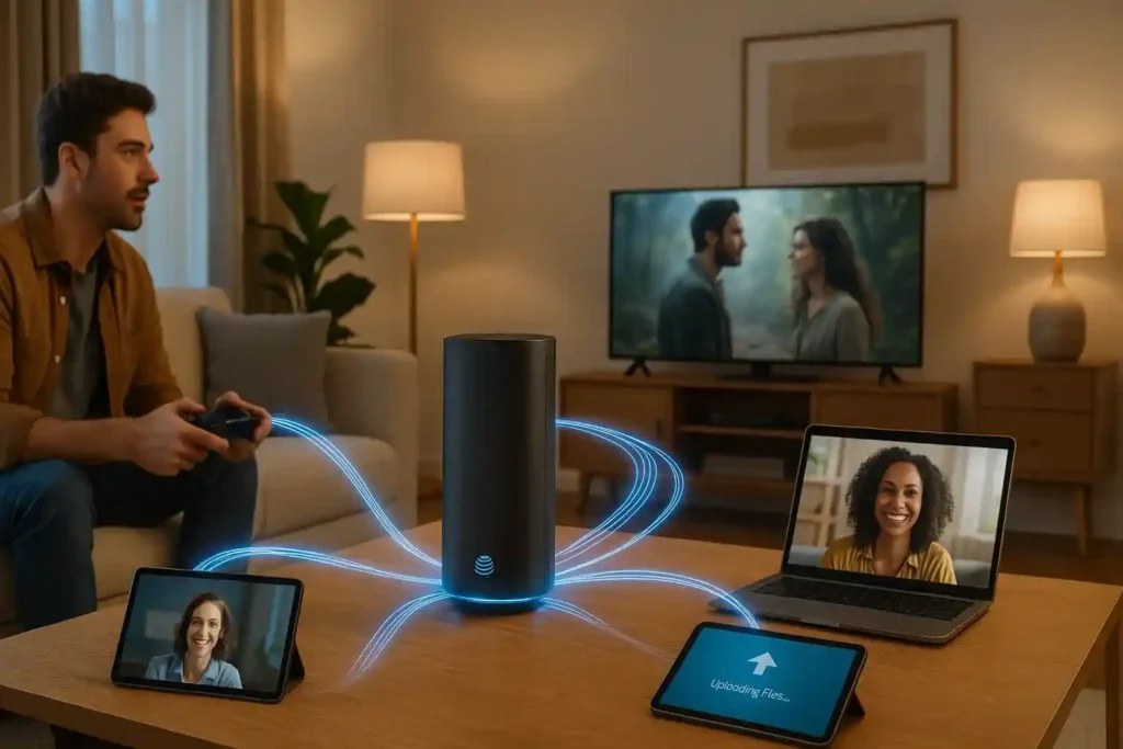 AT&T Internet Air 5G wireless router powering a modern home setup with seamless streaming, browsing, and video calls, showing strong connectivity without the need for cables.