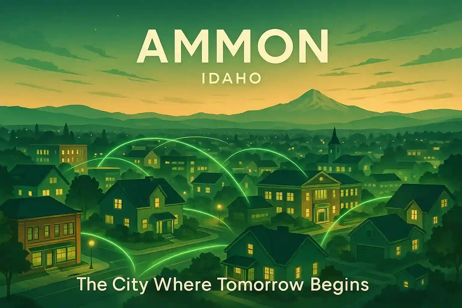 Digital illustration of Ammon, Idaho at twilight with glowing green fiber-optic lines connecting homes, schools, and businesses, symbolizing the city’s pioneering open-access fiber utility and future-ready connectivity.