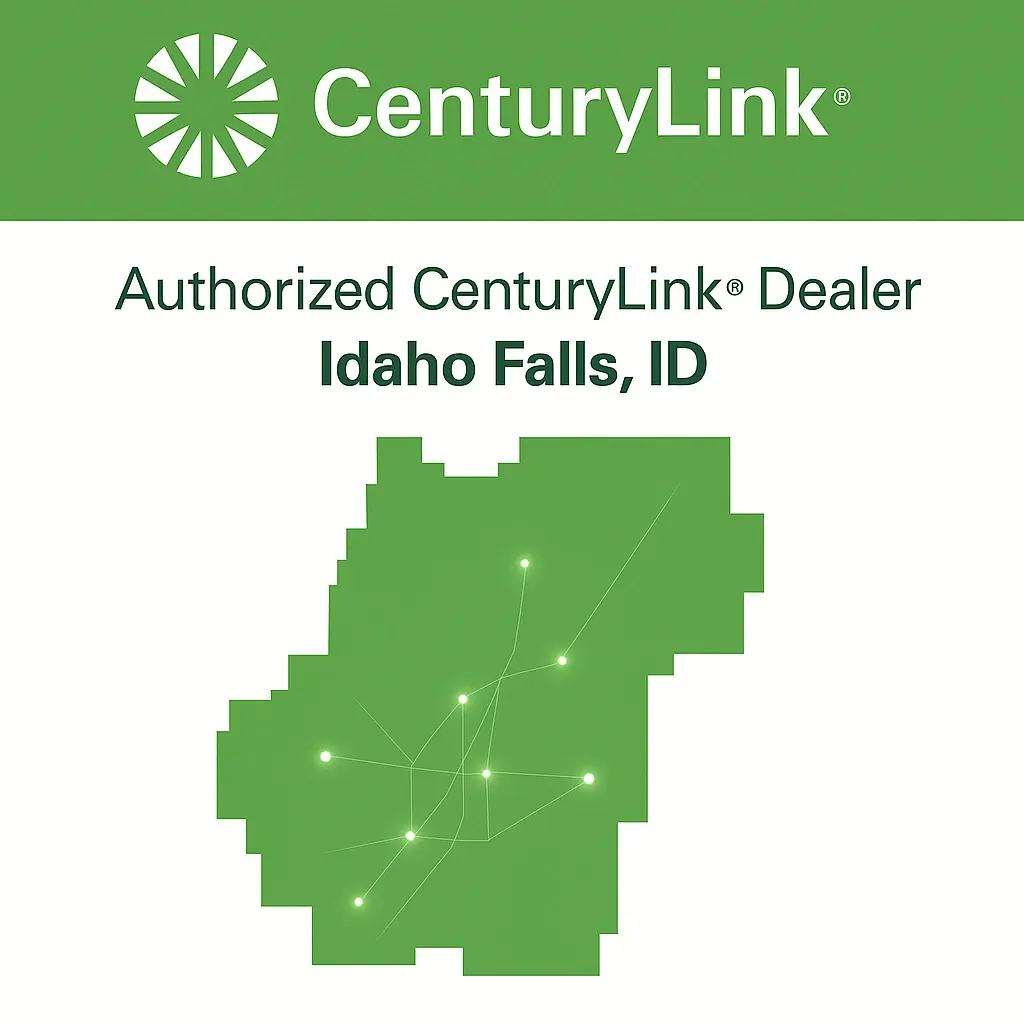 Vector map of Idaho Falls, Idaho in CenturyLink green branding with glowing fiber network nodes, featuring CenturyLink logo and “Authorized CenturyLink Dealer – Idaho Falls, ID” text prominently displayed at the top.
