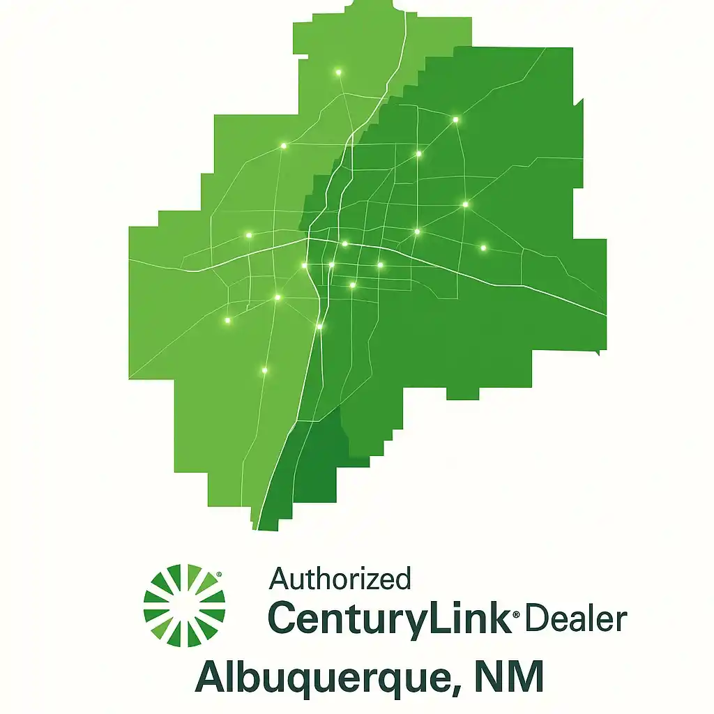 Minimal modern vector map of Albuquerque, New Mexico in CenturyLink green tones, showing glowing network lines and nodes to symbolize fiber internet coverage, with CenturyLink logo and text Authorized CenturyLink Dealer – Albuquerque, NM.