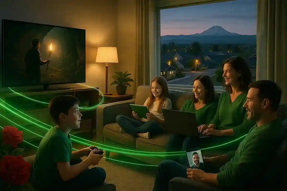 Ammon, Idaho family enjoying CenturyLink Fiber internet at home with glowing green fiber-optic lines connecting devices for streaming, gaming, and video calls, with suburban neighborhood and foothills visible through the window