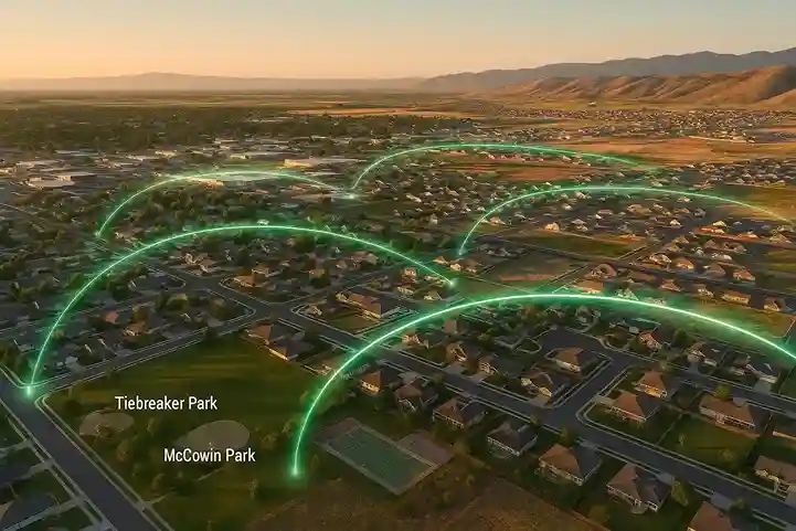 Aerial view of Ammon, Idaho with glowing green fiber-optic lines symbolizing CenturyLink internet coverage across neighborhoods, shopping areas, Tiebreaker Park, and McCowin Park, with foothills and distant mountains in the background.
