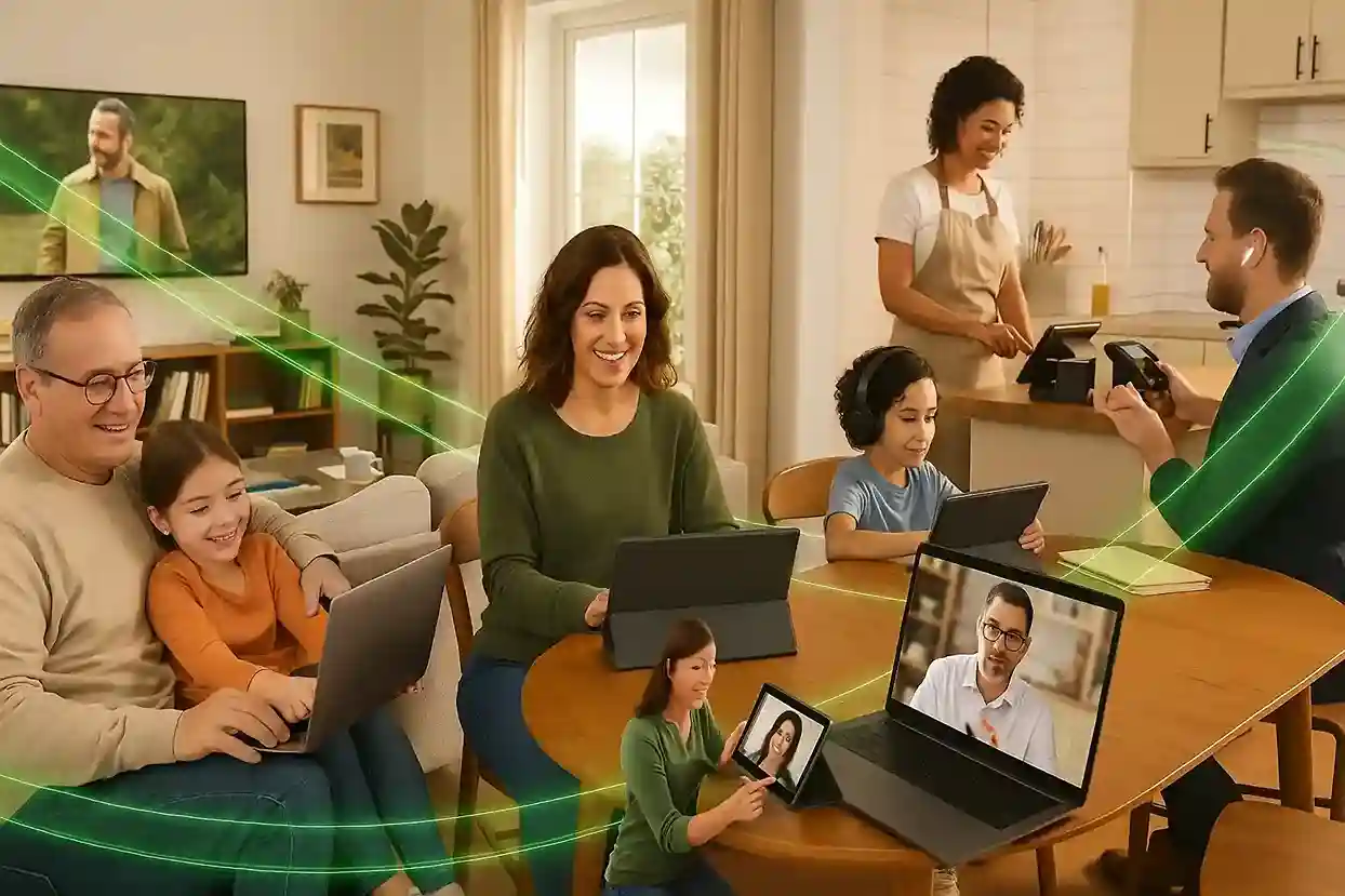 lifestyle photo of an Albuquerque family using multiple devices—video call on laptop, streaming on TV, online class on tablet—alongside a café counter with a POS terminal and a professional on a video meeting, with subtle green fiber-optic streaks symbolizing fast CenturyLink internet.