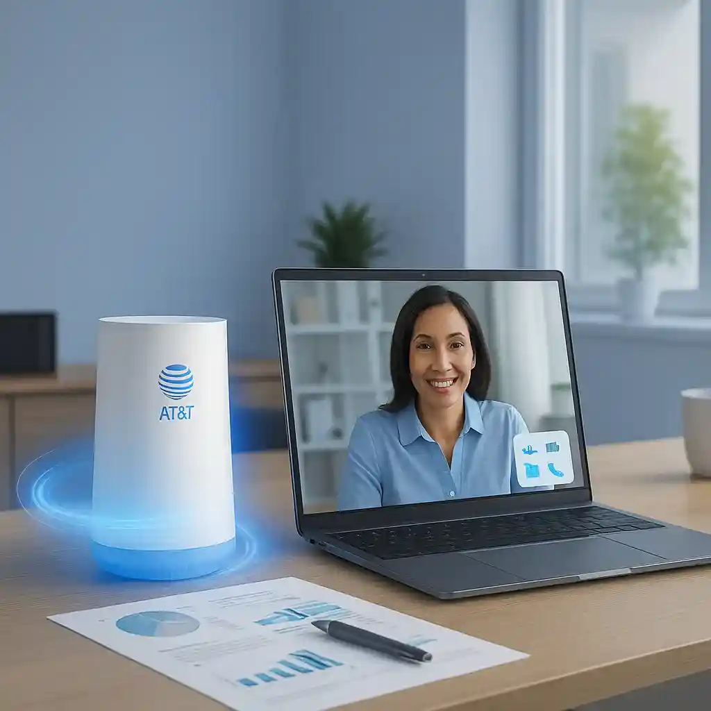 Realistic home office setup featuring an AT&T Wi-Fi router glowing with blue light beside a laptop showing a woman on a video call, placed on a wooden desk with documents and a pen, symbolizing reliable high-speed fiber internet for remote work.