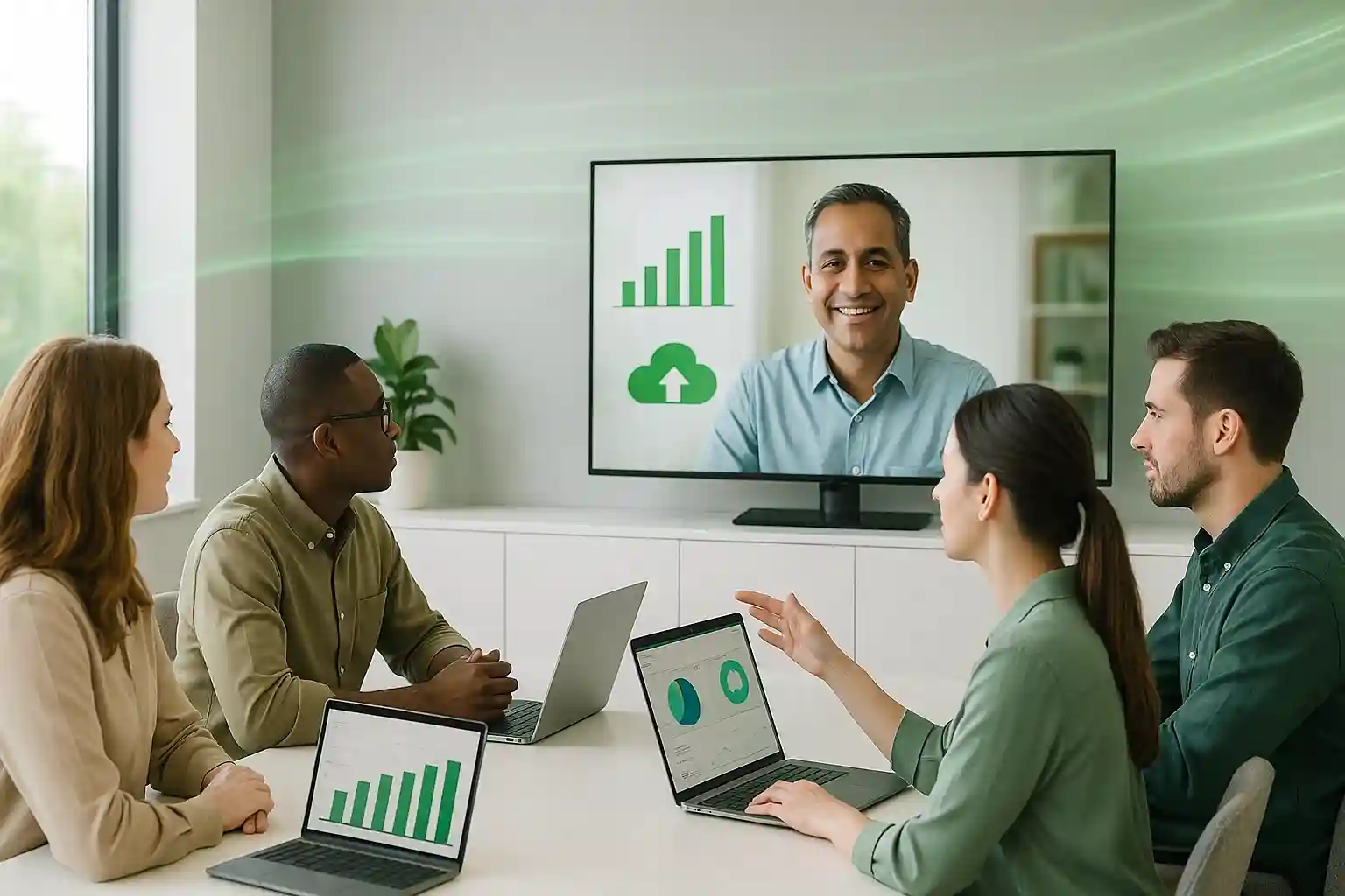 Bright modern office in Albuquerque showing a diverse team on a video meeting with charts and cloud apps displayed on laptops and screen, enhanced with subtle green fiber-optic light trails to suggest CenturyLink internet reliability.