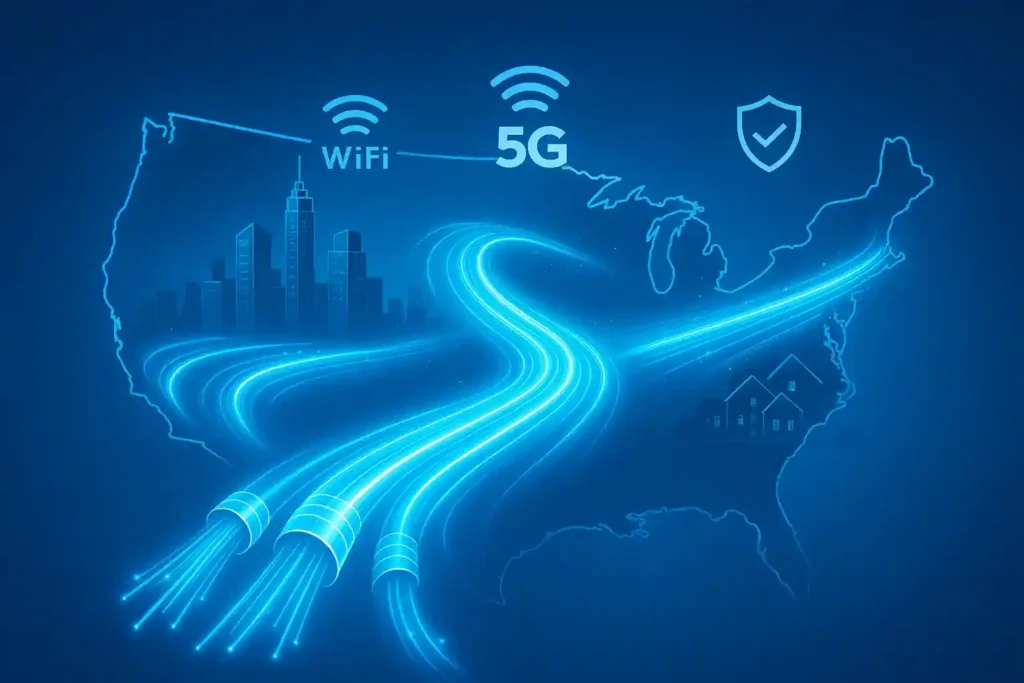 Fiber-optic lines glowing across a U.S. map with WiFi and 5G icons, symbolizing Spectrum’s advanced fiber-powered internet network and nationwide coverage