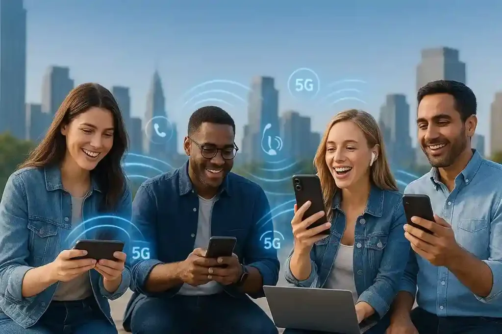 Spectrum Mobile users enjoying unlimited 5G data, hotspot access, and affordable plans starting at $30 per month