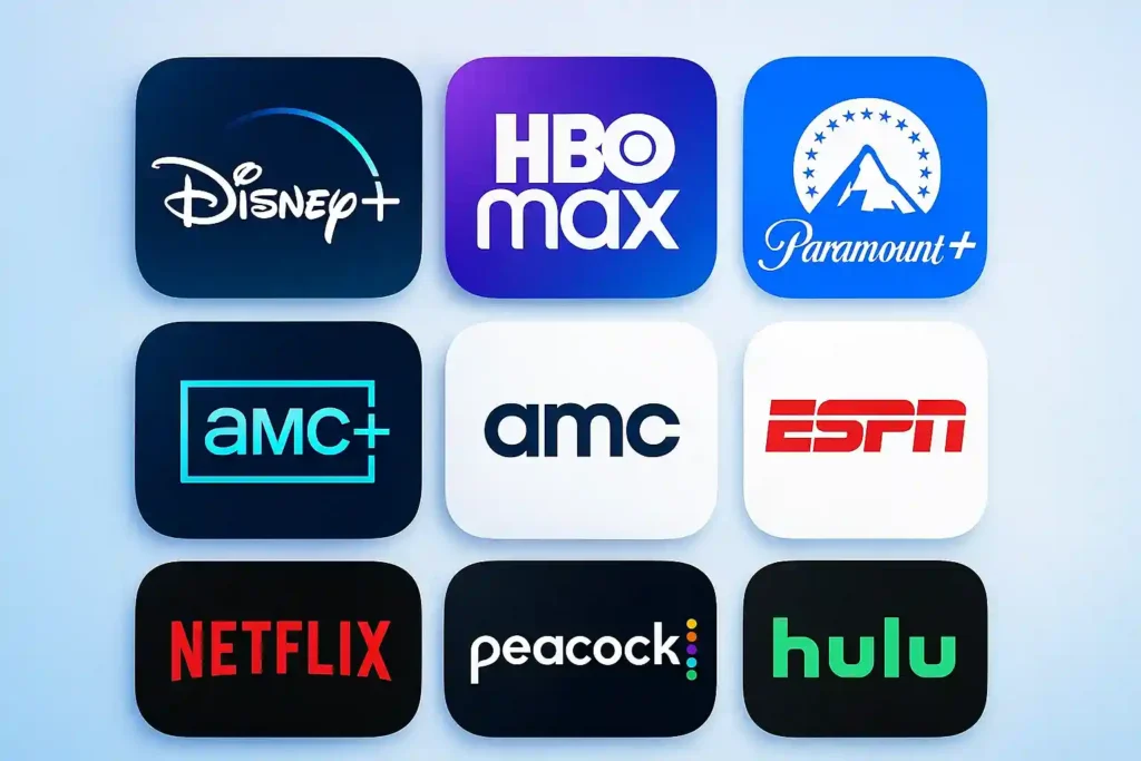 Digital collage of streaming service logos including Disney+, HBO Max, Paramount+, AMC+, ESPN, Netflix, Peacock, and Hulu arranged in a modern grid with a light blue gradient background.
