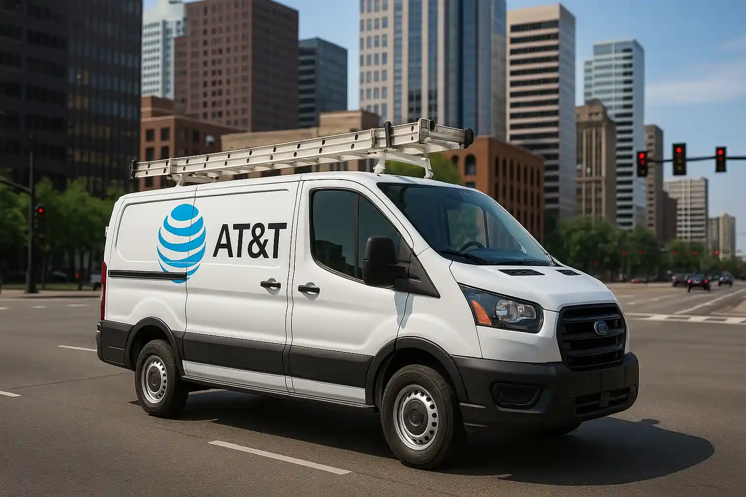 AT&T installation van with official branding driving on a wide road in a busy American city, surrounded by tall buildings and clear skies, symbolizing reliable internet and wireless services.
