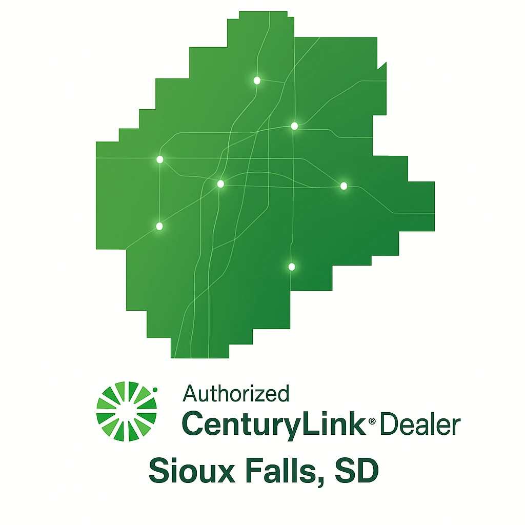 Flat green vector map of Sioux Falls, South Dakota, with glowing white dots connected by fiber-optic lines. Below the map, the CenturyLink logo and text read “Authorized CenturyLink® Dealer – Sioux Falls, SD.”