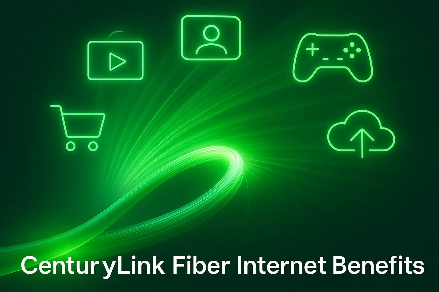 Digital illustration of a glowing green fiber-optic cable splitting into light beams connected to icons for streaming, video calls, gaming, shopping, and cloud storage, with overlay text reading “CenturyLink Fiber Internet Benefits” at the bottom.