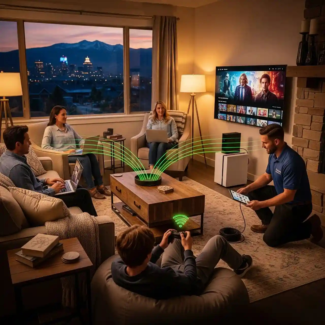 A CenturyLink technician sets up high-speed fiber internet in a Helena living room as family members stream movies, work on laptops, and game on consoles, with green glowing Wi-Fi signals showing fast connectivity.