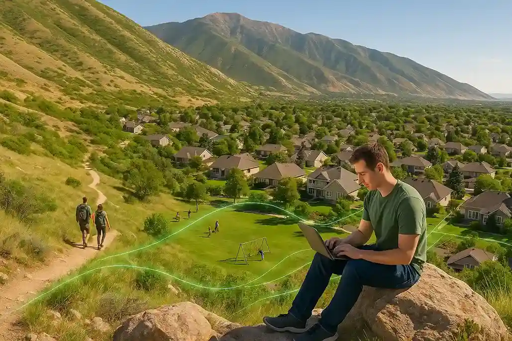 Photo-style image of a man using a laptop outdoors above Bountiful, Utah neighborhoods, with glowing green fiber optic lines connecting homes, hikers, kids playing, and a golfer, symbolizing CenturyLink’s high-speed internet coverage.