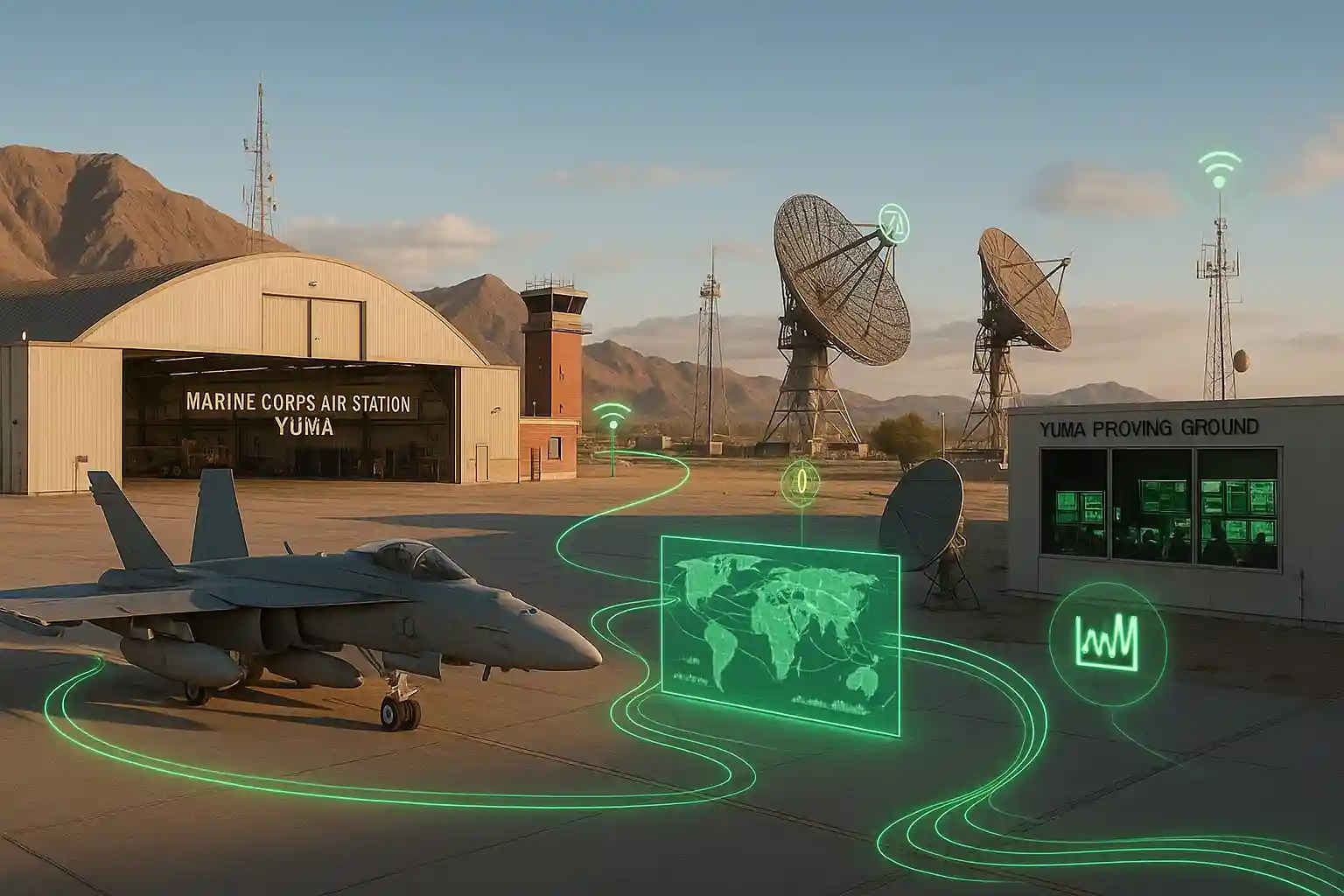 Ultra-realistic image of Marine Corps Air Station Yuma and Yuma Proving Ground with fighter jets, radar dishes, and glowing CenturyLink-green holographic panels and fiber lines showing active high-speed internet use and secure communications in Yuma