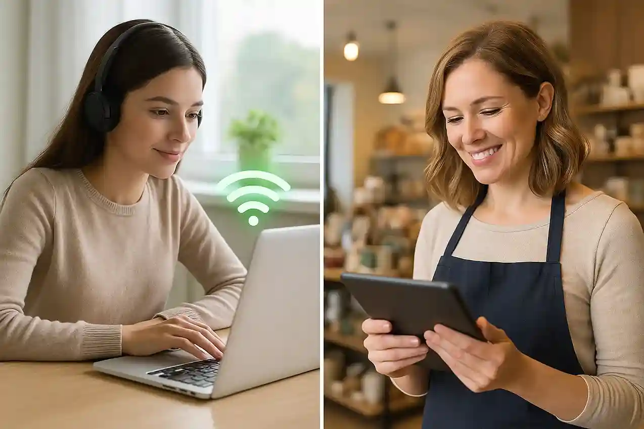Collage image showing a CSU researcher in a laboratory video conferencing on a laptop and a small business team in a modern office collaborating online, representing the need for reliable CenturyLink internet in Fort Collins, Colorado.
