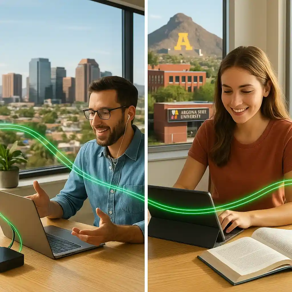 Photo-realistic collage image showing a remote professional in a Phoenix apartment with downtown skyline and a student at Arizona State University with campus landmarks, both connected by subtle CenturyLink-green fiber lines to symbolize high-speed internet