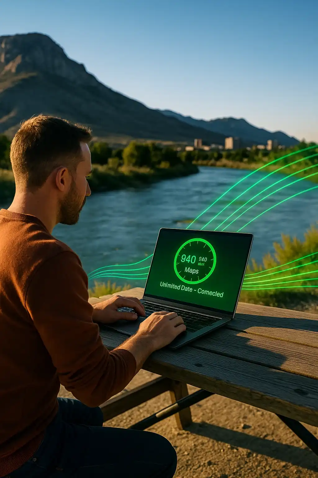 Man working on a laptop outdoors by the North Platte River in Casper, Wyoming, with CenturyLink-green fiber lines in the background and a screen showing 940 Mbps internet speed and unlimited data connectivity.