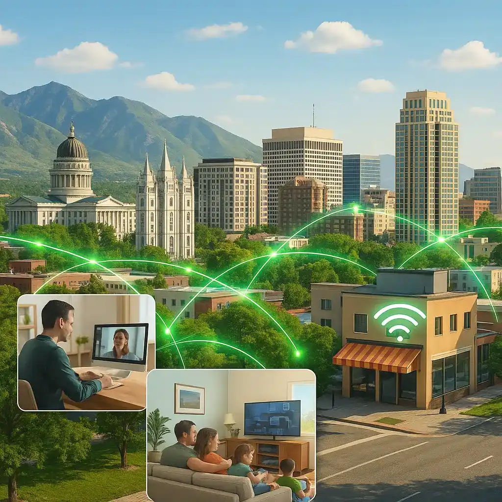 Realistic daytime digital artwork of Salt Lake City, Utah, with the downtown skyline, Utah State Capitol, LDS Temple, and Wasatch Mountains. Green fiber-optic light trails connect the city, a remote worker on a video call, a family streaming and gaming at home, and a local café with a glowing Wi-Fi symbol, symbolizing CenturyLink internet for homes, businesses, and remote work.