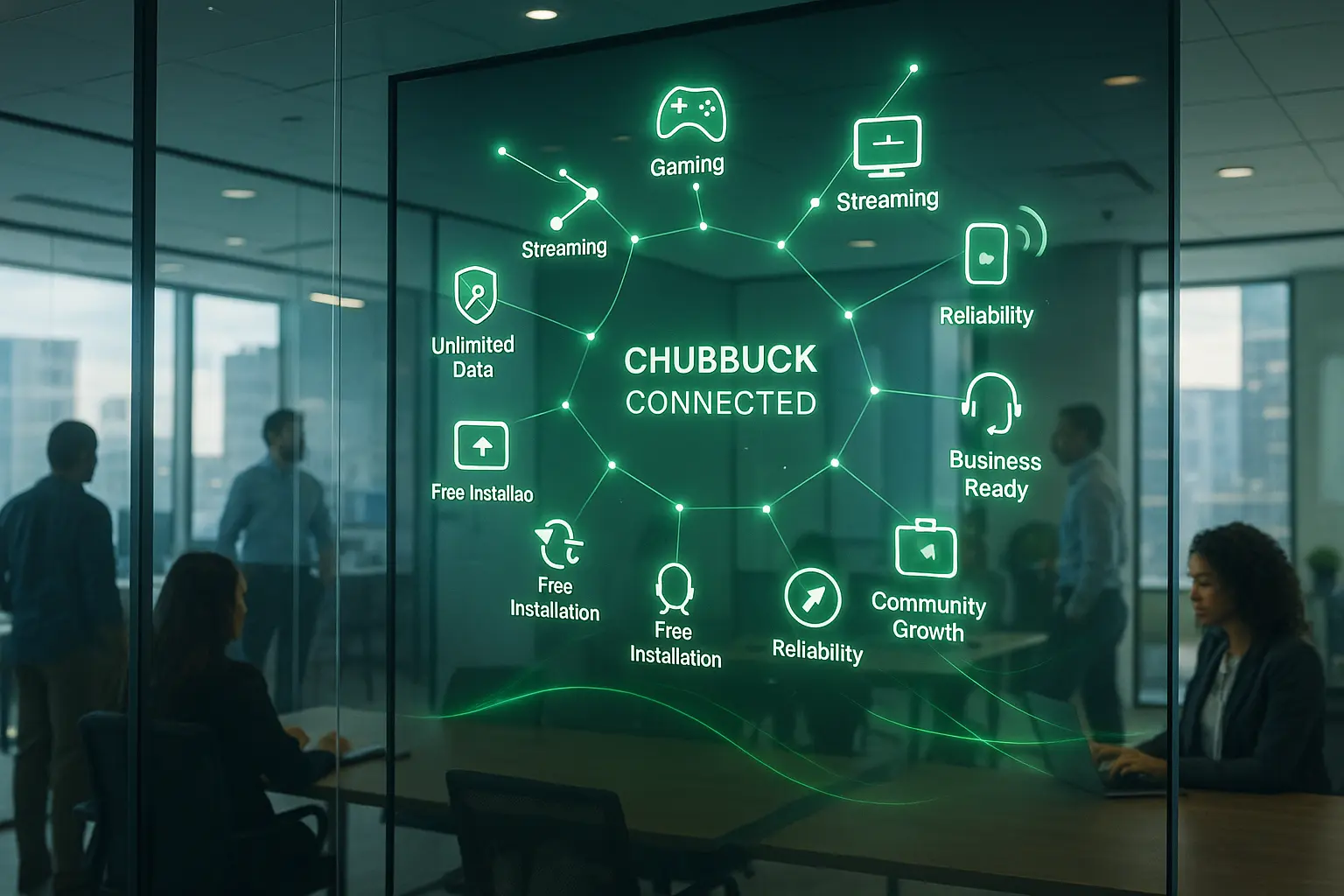 Photorealistic office scene with a glass wall displaying a glowing constellation-style infographic in green, where each star represents CenturyLink internet benefits such as streaming, gaming, remote work, smart home, unlimited data, and reliability, with the text “Chubbuck Connected” in the center.