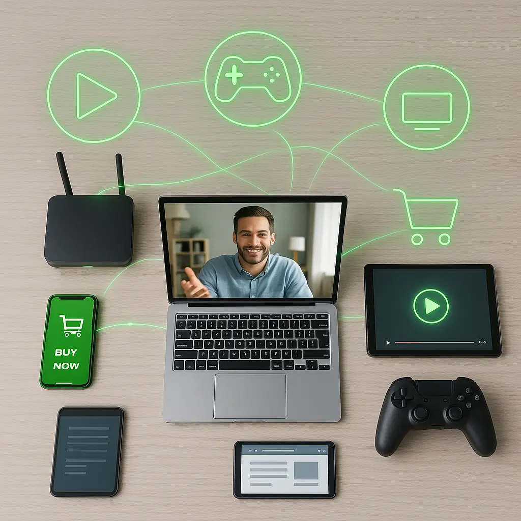Flat lay of devices including a laptop, smartphone, tablet, router, and gaming controller, connected with glowing green fiber optic lines and icons representing streaming, gaming, shopping, and video calls, symbolizing CenturyLink high-speed internet.
