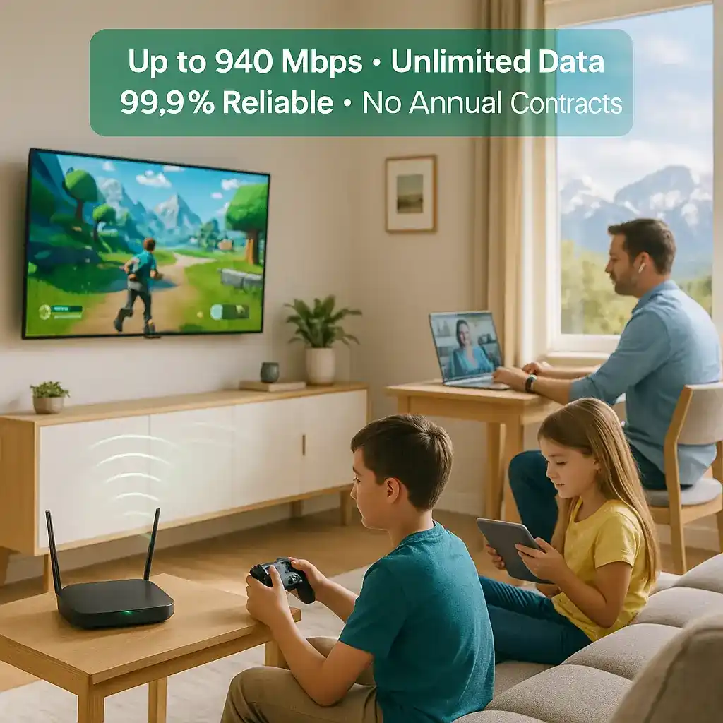 Realistic daytime scene of a Salt Lake City living room with Wasatch Mountains visible through the windows. A boy plays video games on a large TV screen with a controller, a girl uses a tablet, and a man works remotely on a laptop video call. A glowing Wi-Fi router sits on the table, with a badge reading “Up to 940 Mbps • Unlimited Data • 99.9% Reliable • No Annual Contracts,” representing CenturyLink’s reliable internet service.
