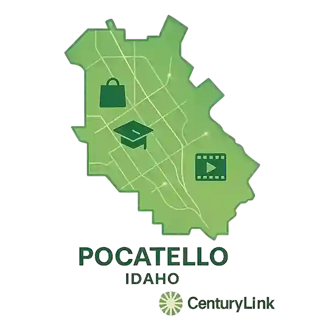 Vector map of Pocatello, Idaho in CenturyLink green tones showing city boundaries, roads, and icons for Idaho State University, Yellowstone Avenue businesses, and local entertainment, with CenturyLink logo branding.
