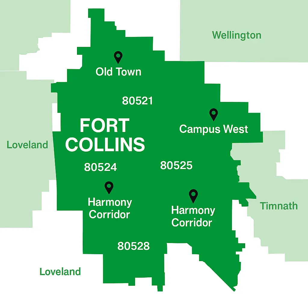 Boundary map of Fort Collins, Colorado, highlighted in green, showing CenturyLink coverage in Old Town, Campus West, Midtown, Harmony Corridor, and North Fort Collins with ZIP codes 80521, 80524, 80525, 80526, 80528, and 80549.