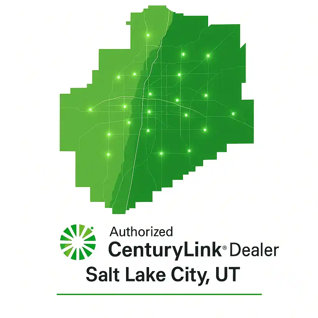 Green digital map of Salt Lake City, Utah, with glowing dots showing CenturyLink internet coverage. Below the map, the CenturyLink logo and text read “Authorized CenturyLink Dealer Salt Lake City, UT.”