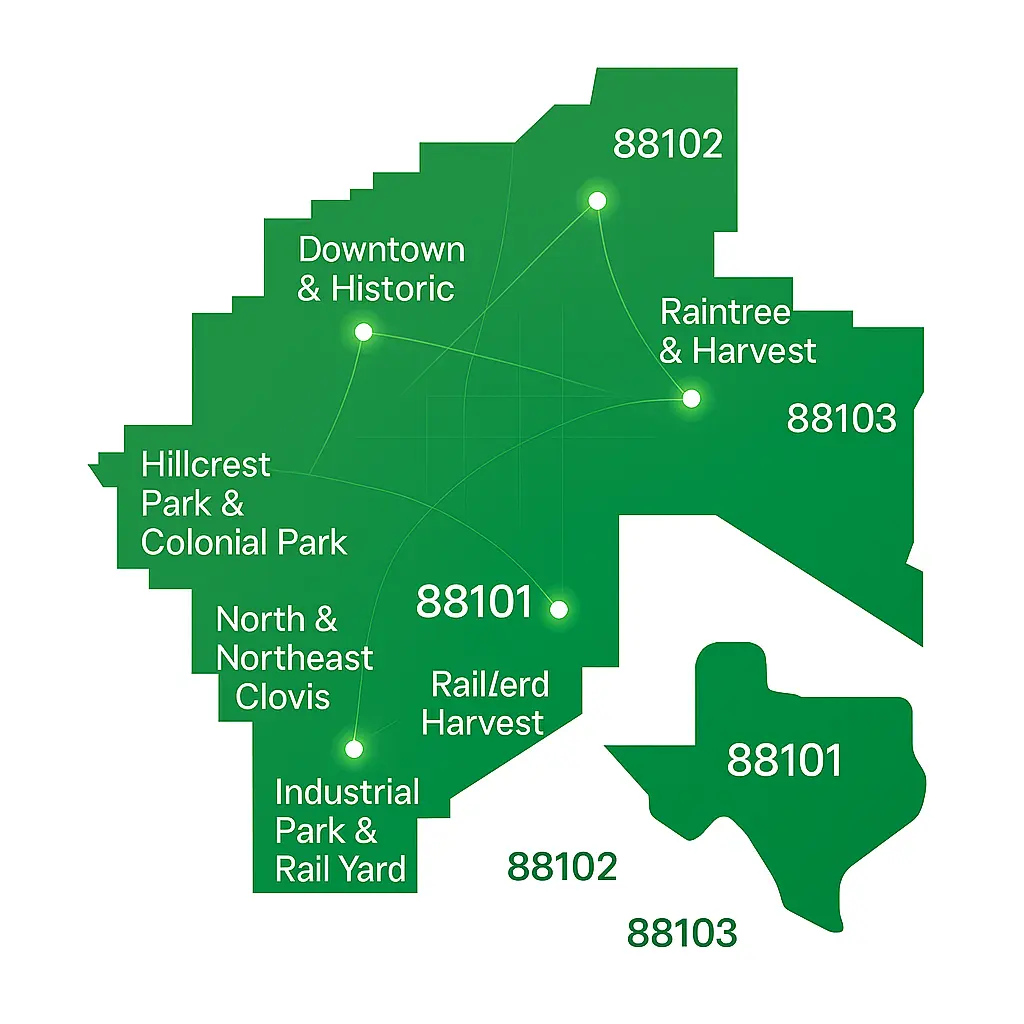 Vector map of Clovis, New Mexico highlighting CenturyLink service areas with ZIP codes 88101, 88102, and 88103. Glowing pins mark neighborhoods including Downtown & Historic District, Hillcrest Park/Colonial Park, Liebelt & Clovis Heights, North/Northeast Clovis, Raintree & Harvest, and Industrial Park/Rail Yard, connected by fiber-optic style lines.