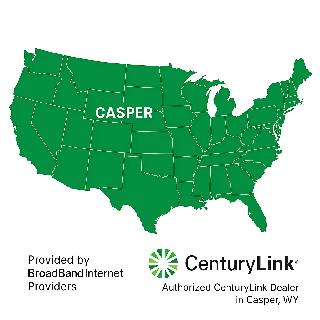 Green U.S. map highlighting Casper, Wyoming with CenturyLink logo and Broadband Internet Providers branding, showing authorized CenturyLink dealer in Casper, WY