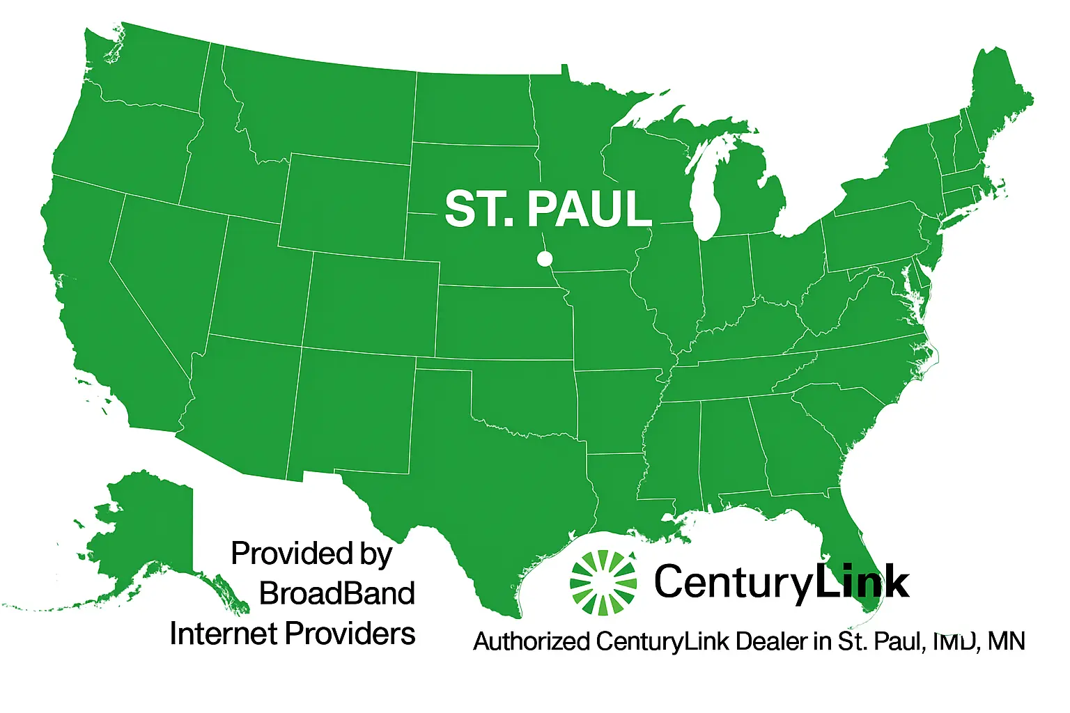 Green U.S. map highlighting St. Paul, Minnesota with CenturyLink logo and Broadband Internet Providers branding, showing authorized CenturyLink dealer in St. Paul, MN