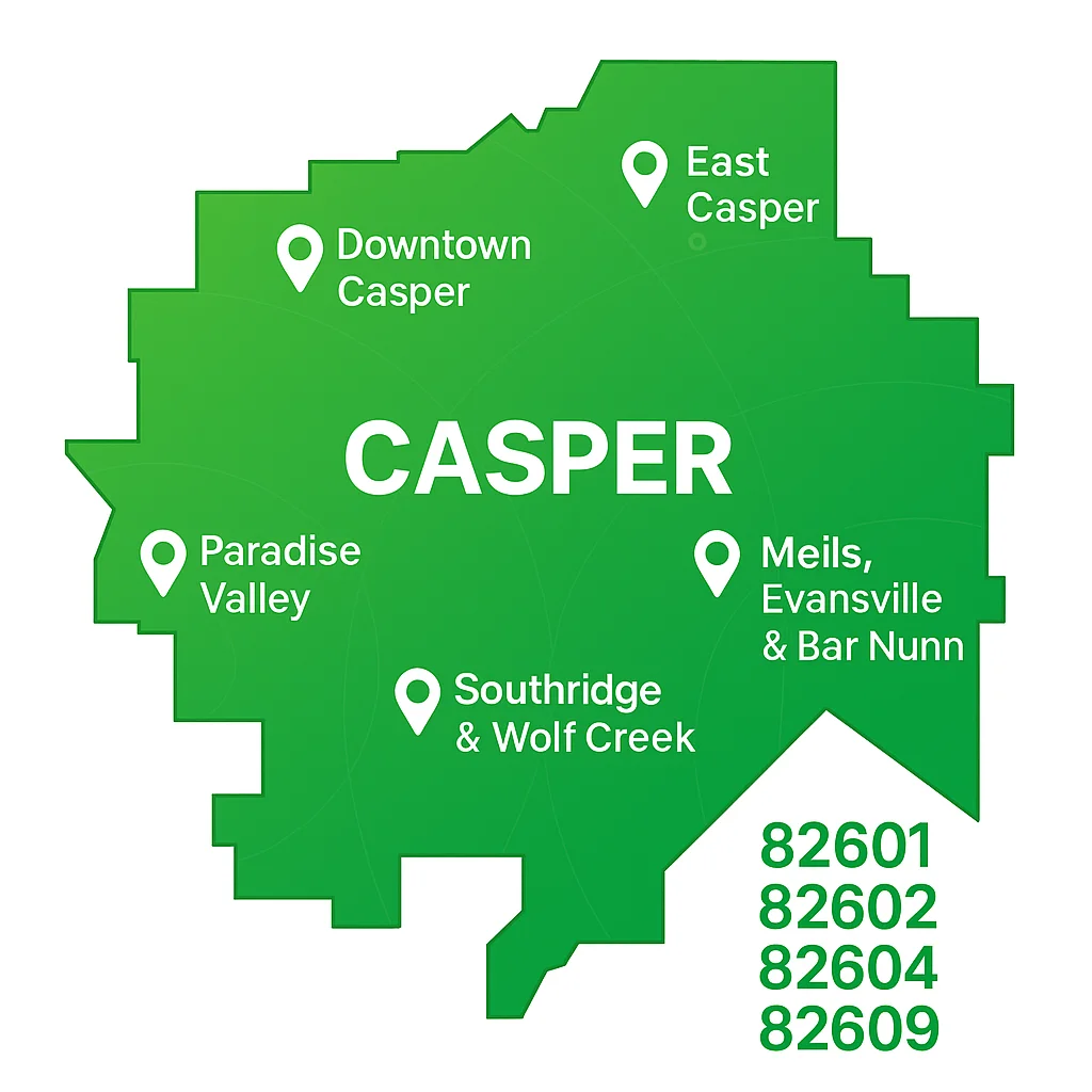 Map of Casper, Wyoming highlighting CenturyLink internet service areas and ZIP codes 82601, 82602, 82604, 82605, and 82609, including Downtown Casper, Paradise Valley, East Casper, Centennial Hills, Southridge, Wolf Creek, Mills, Evansville, and Bar Nunn.