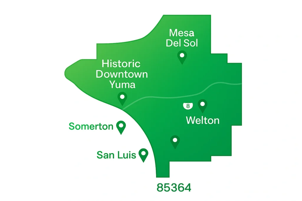 Infographic-style green map of Yuma, Arizona showing CenturyLink service areas with labeled neighborhoods including Historic Downtown, Mesa Del Sol, Fortuna Foothills, Somerton, San Luis, Wellton/Tacna/Gila River Valley, and Yuma Proving Ground with CenturyLink-green fiber lines and ZIP codes 85364, 85365, 85367, 85349, 85350, 85356, 85352, 85333
