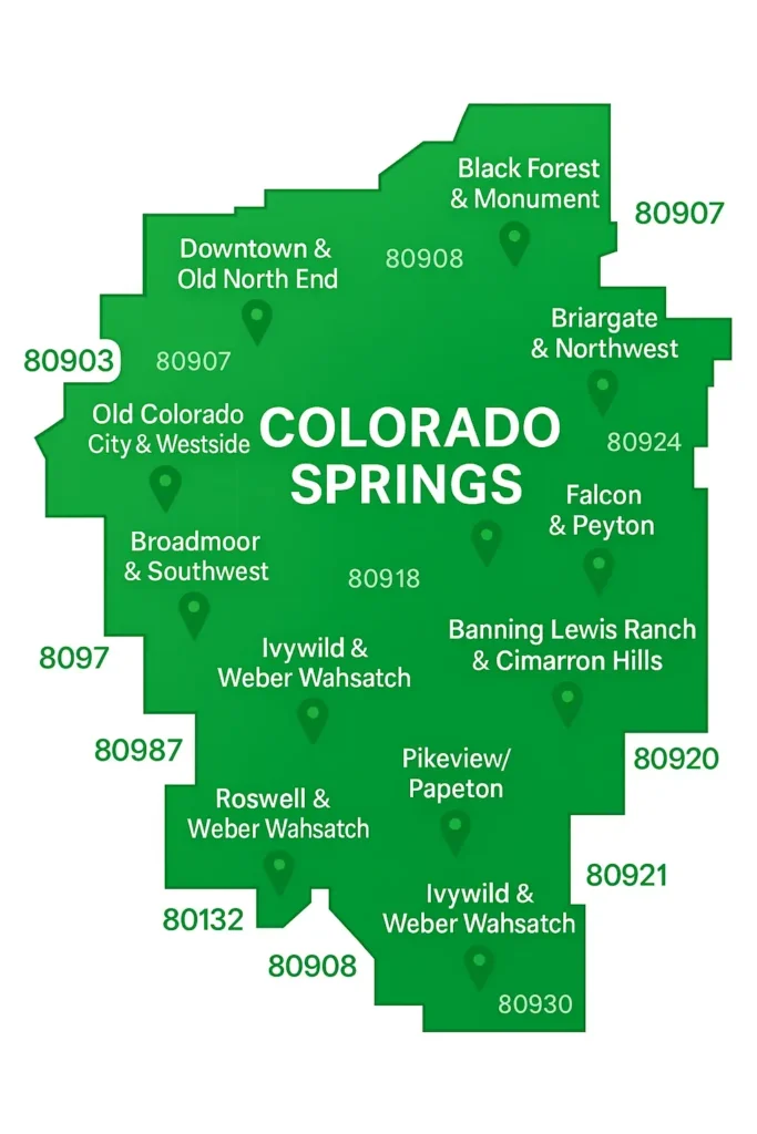 Green boundary map of Colorado Springs, Colorado highlighting service areas with labeled neighborhoods such as Downtown & Old North End, Old Colorado City & Westside, Broadmoor & Southwest, Briargate & Northwest, Banning Lewis Ranch, Falcon & Peyton, Black Forest & Monument, Pikeview/Papeton, Roswell, and Ivywild, with ZIP codes 80903, 80907, 80908, 80918, 80920, 80921, 80924, 80930, 80987, and 80132 displayed around the edges.