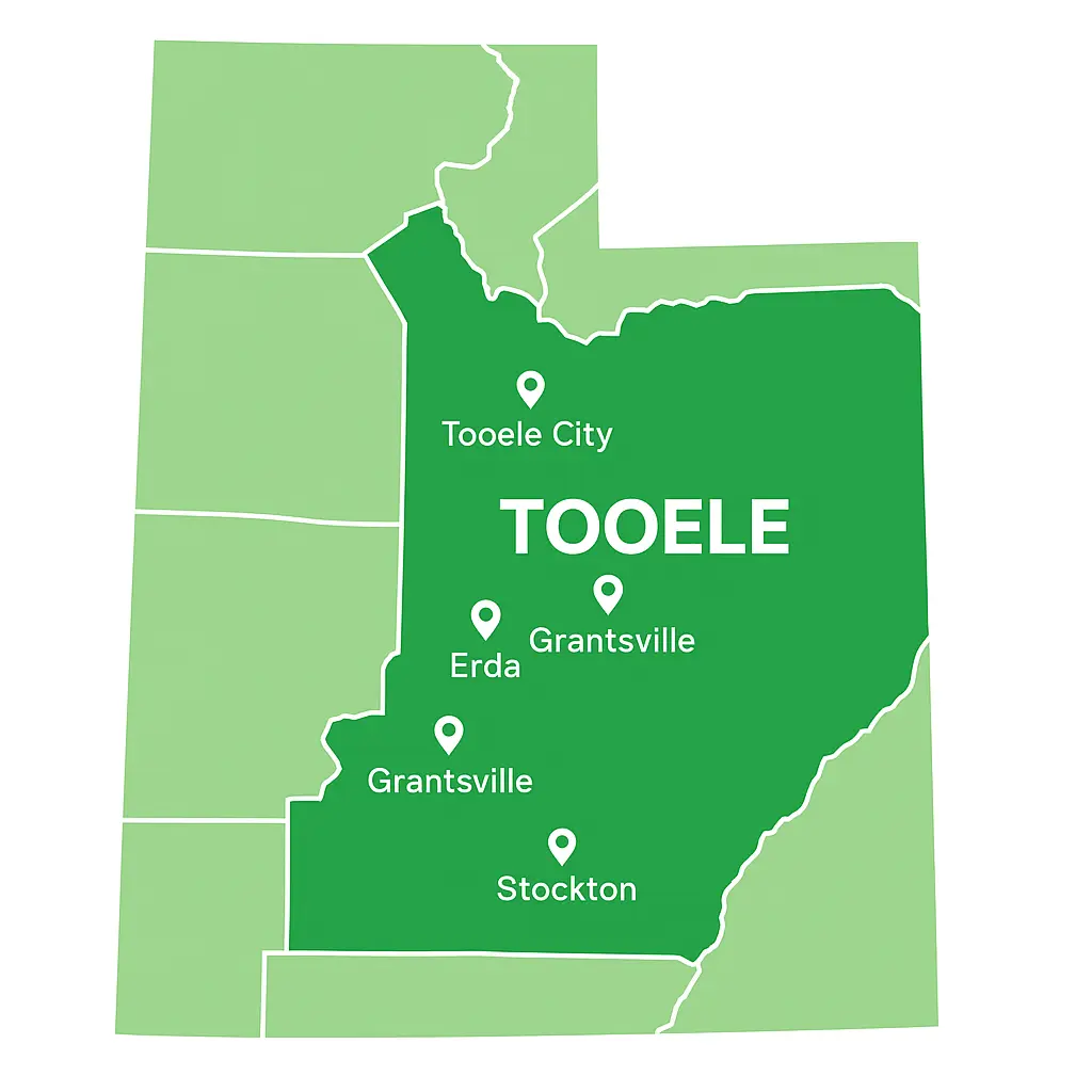 Vector map of Utah highlighting Tooele County in green with labeled service areas: Tooele City, Stansbury Park, Erda, Grantsville, and Stockton. Includes CenturyLink logo and dealer information.