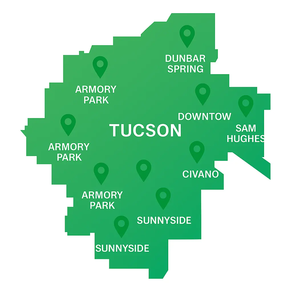 Green boundary map of Tucson, Arizona with gradient fill, showing neighborhoods marked with green location pins and white labels for Armory Park, Civano, Downtown, Dunbar Spring, Iron Horse, Menlo Park, Old Fort Lowell, Sam Hughes, Sunnyside, and West University.