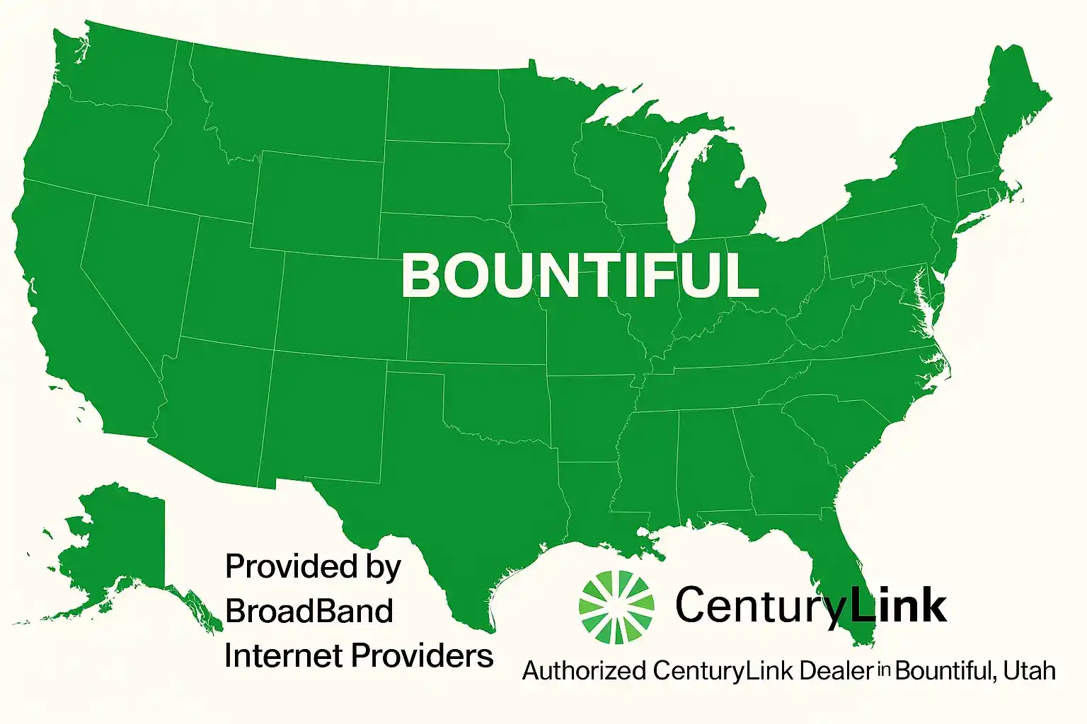 Map of the United States with Bountiful, Utah labeled in white text, showing CenturyLink as the authorized internet dealer provided by BroadBand Internet Providers.