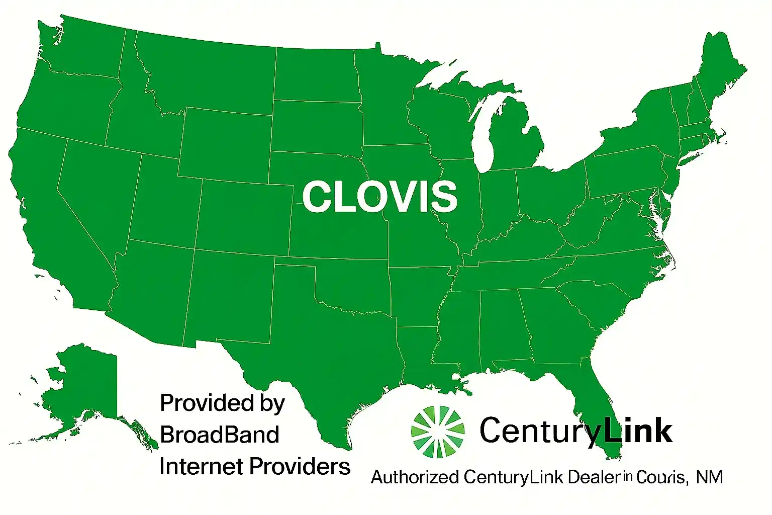 Map of the United States with Clovis, New Mexico labeled in white text, featuring CenturyLink branding as the authorized internet dealer provided by BroadBand Internet Providers.