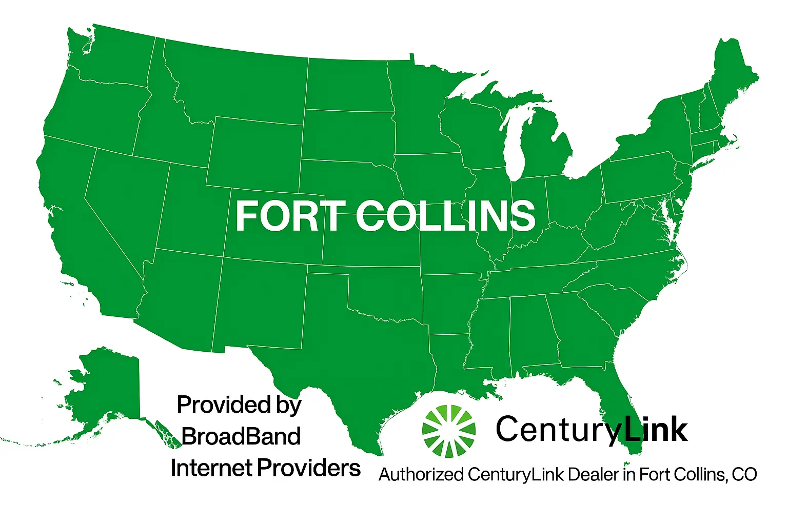 Vector map of the United States in green with “FORT COLLINS” labeled in bold white text at its exact position in northern Colorado. Includes CenturyLink branding and authorized dealer information for Fort Collins, Colorado.