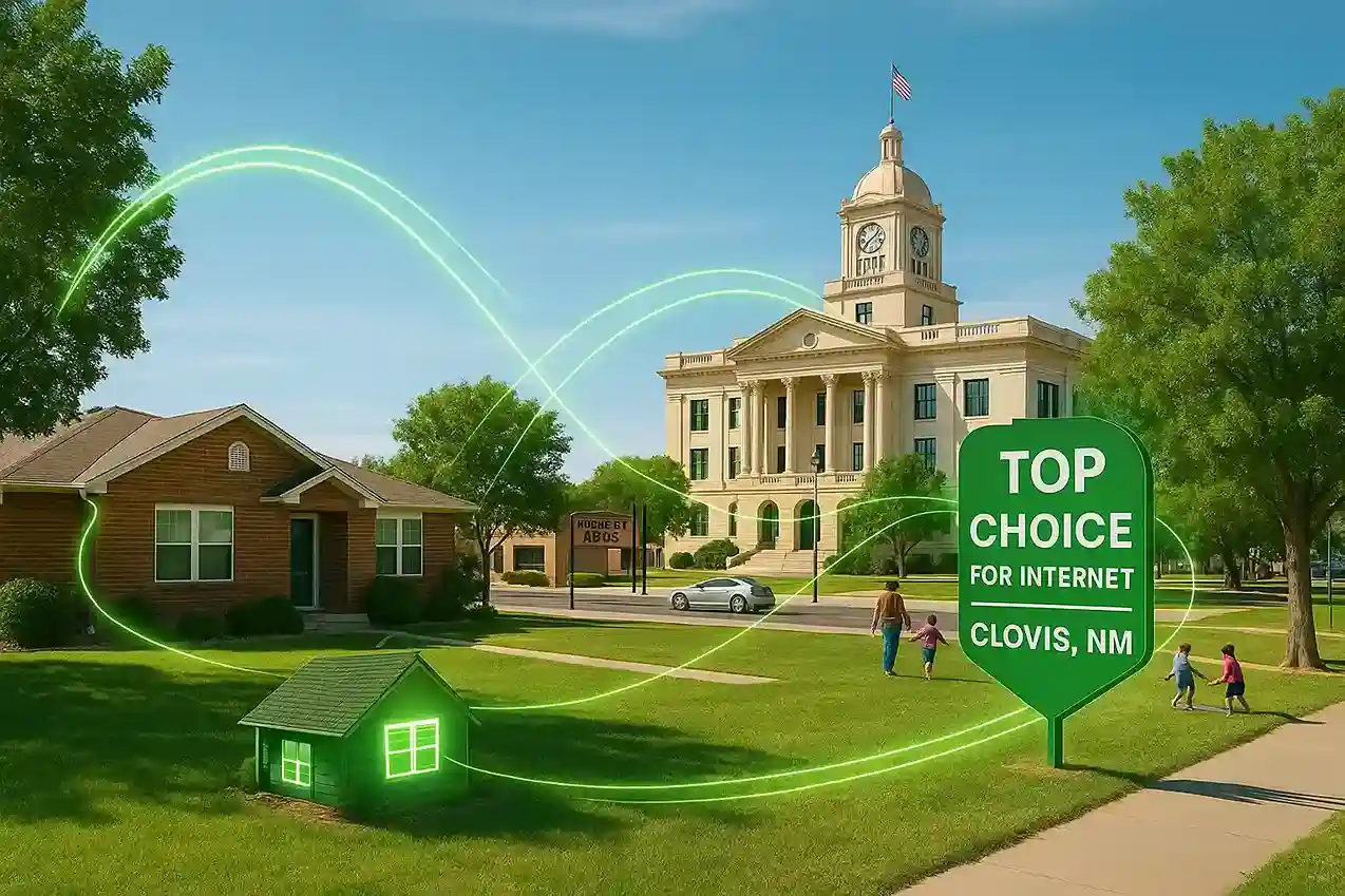 Photo of the Curry County Courthouse in Clovis, New Mexico with glowing green fiber-optic lines connecting nearby homes, featuring a sign that reads “Top Choice for Internet – Clovis, NM,” symbolizing CenturyLink internet service.