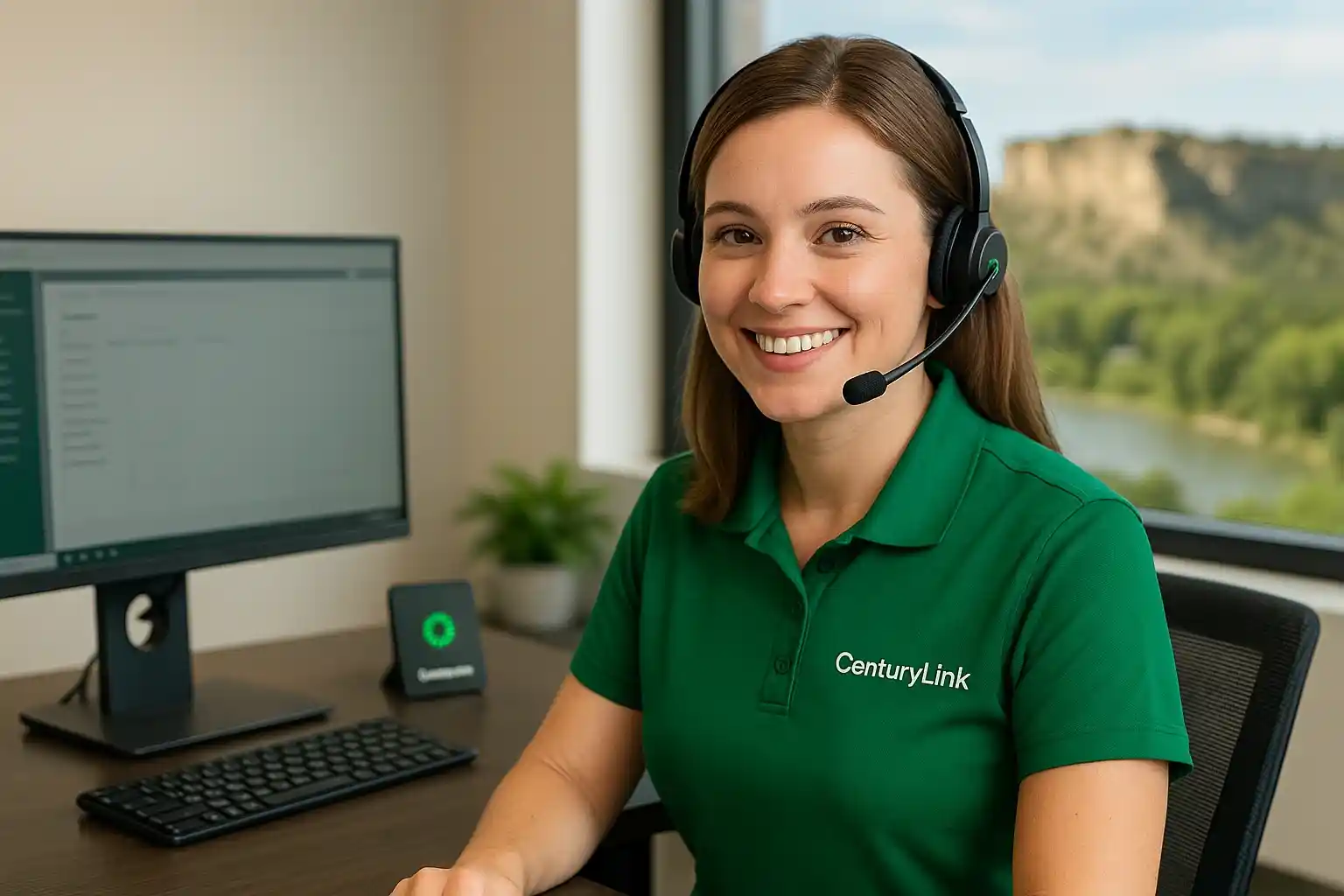 Photo-realistic image of a friendly CenturyLink customer support representative wearing a green headset and polo shirt at a desk in Billings, Montana with rimrocks or Yellowstone River visible through the window, symbolizing local customer service and reliable internet