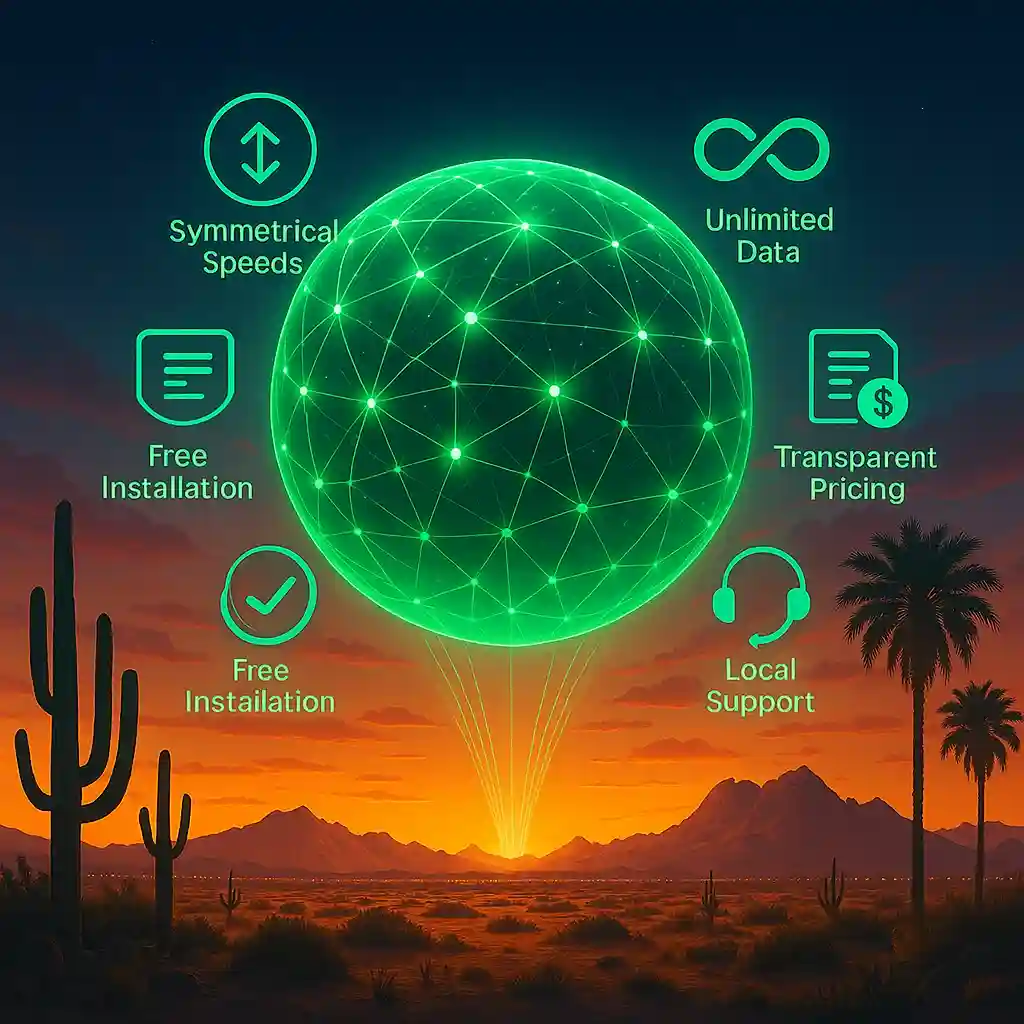 Futuristic 3D illustration of CenturyLink’s glowing network globe rising over Yuma, Arizona with desert terrain, palm trees, cactus silhouettes and the Organ Mountains in the background, surrounded by six icons for symmetrical speeds, unlimited data, no annual contracts, transparent pricing, free installation and local support